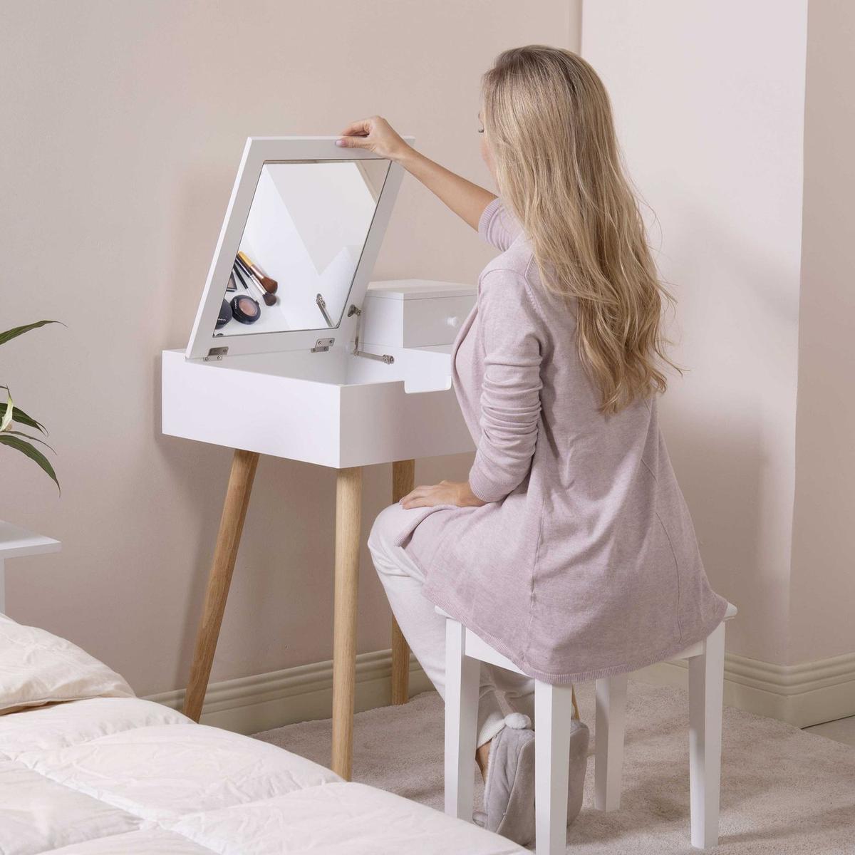 Wooden Vanity Desk Flip-top Dressing Mirror Writing table Computer Desk, White