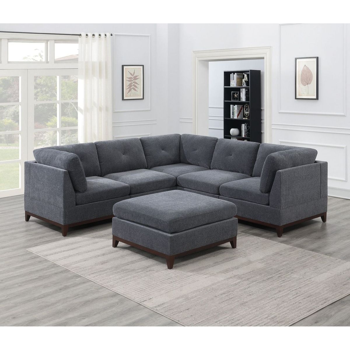 Ash Grey Chenille Fabric Modular Sectional 6pc Set Living Room Furniture Corner Sectional Couch 3x Corner Wedge 2x Armless Chairs and 1x Ottoman Tufted Back