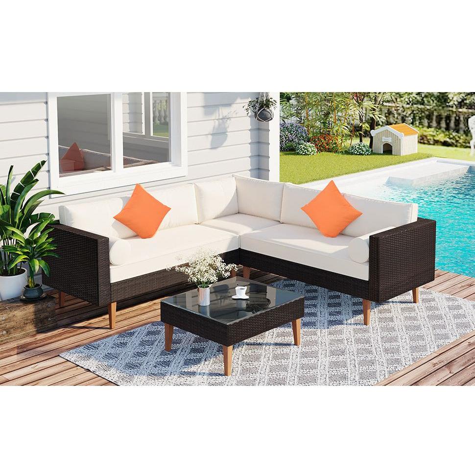 GO 4-pieces Outdoor Wicker Sofa Set, Patio Furniture with Colorful Pillows, L-shape sofa set, Beige cushions and Brown Rattan