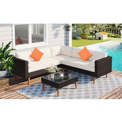 GO 4-pieces Outdoor Wicker Sofa Set, Patio Furniture with Colorful Pillows, L-shape sofa set, Beige cushions and Brown Rattan