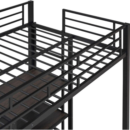 Twin Size Loft Bed with Desk and Whiteboard, Mental Loft Bed with 3 Shelves and Ladder, Black