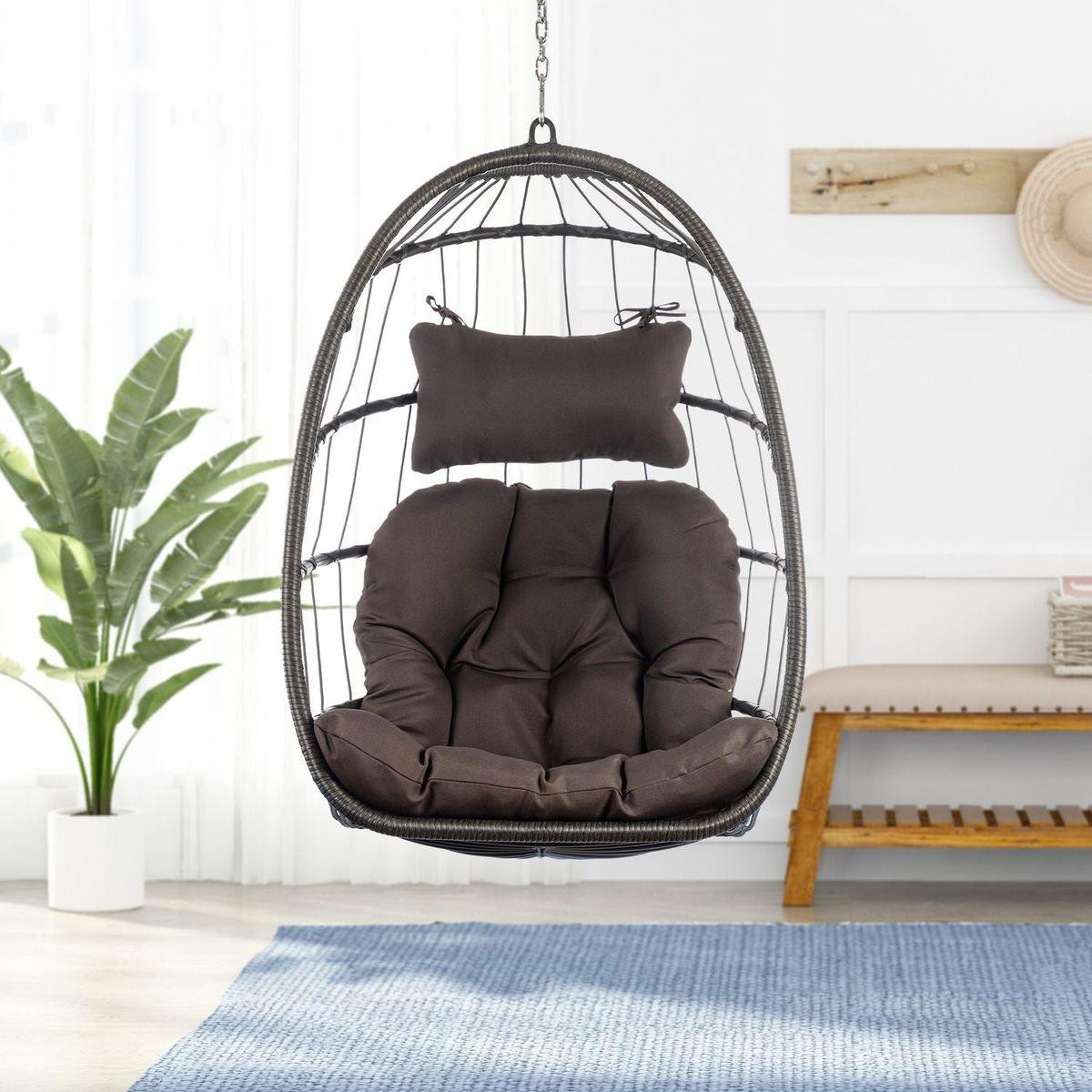 Outdoor Wicker Rattan Swing Chair Hammock chair Hanging Chair with Aluminum Frame and Dark Grey Cushion Without Stand 265LBS Capacity