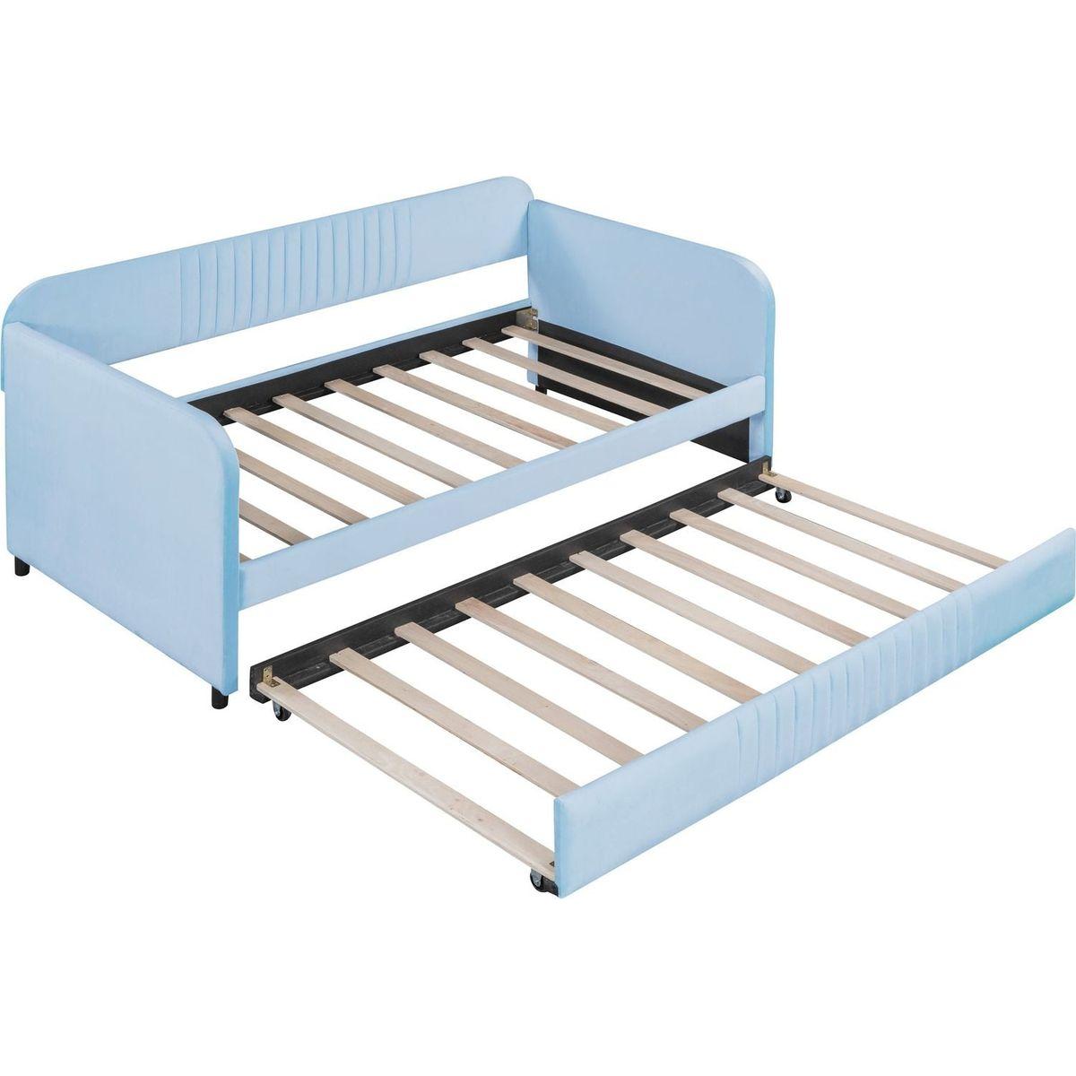 Upholstered Daybed Sofa Bed Twin Size With Trundle Bed and Wood Slat, Light Blue