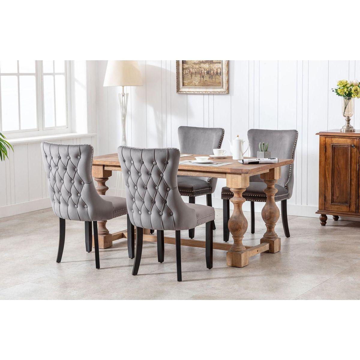 Upholstered Wing-Back Dining Chair with Backstitching Nailhead Trim and Solid Wood Legs, Set of 2, Gray, 8809GY, KD