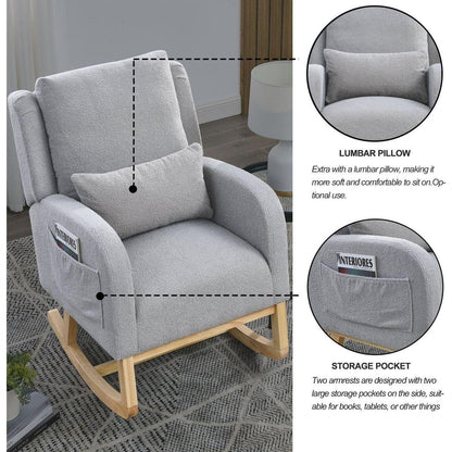 27.5" W Modern Accent High Back Living Room Casual Armchair Rocker with One Lumbar Pillow, Two Side Pockets, Teddy.