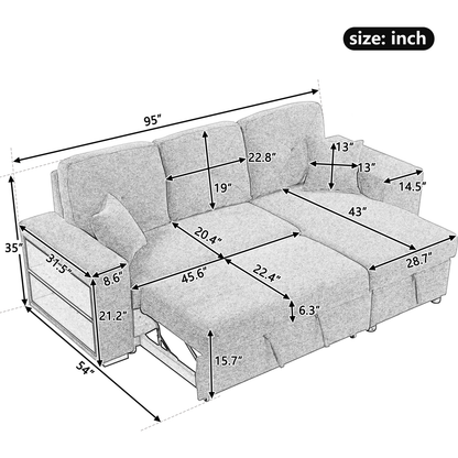 Reversible Sleeper Sectional Sofa Bed with Side Shelf and 2 Stools, Pull-Out L-Shaped Sofa Bed, Corner Sofa-Bed with Storage Chaise Left/Right Hande for Living Room, Blue Black