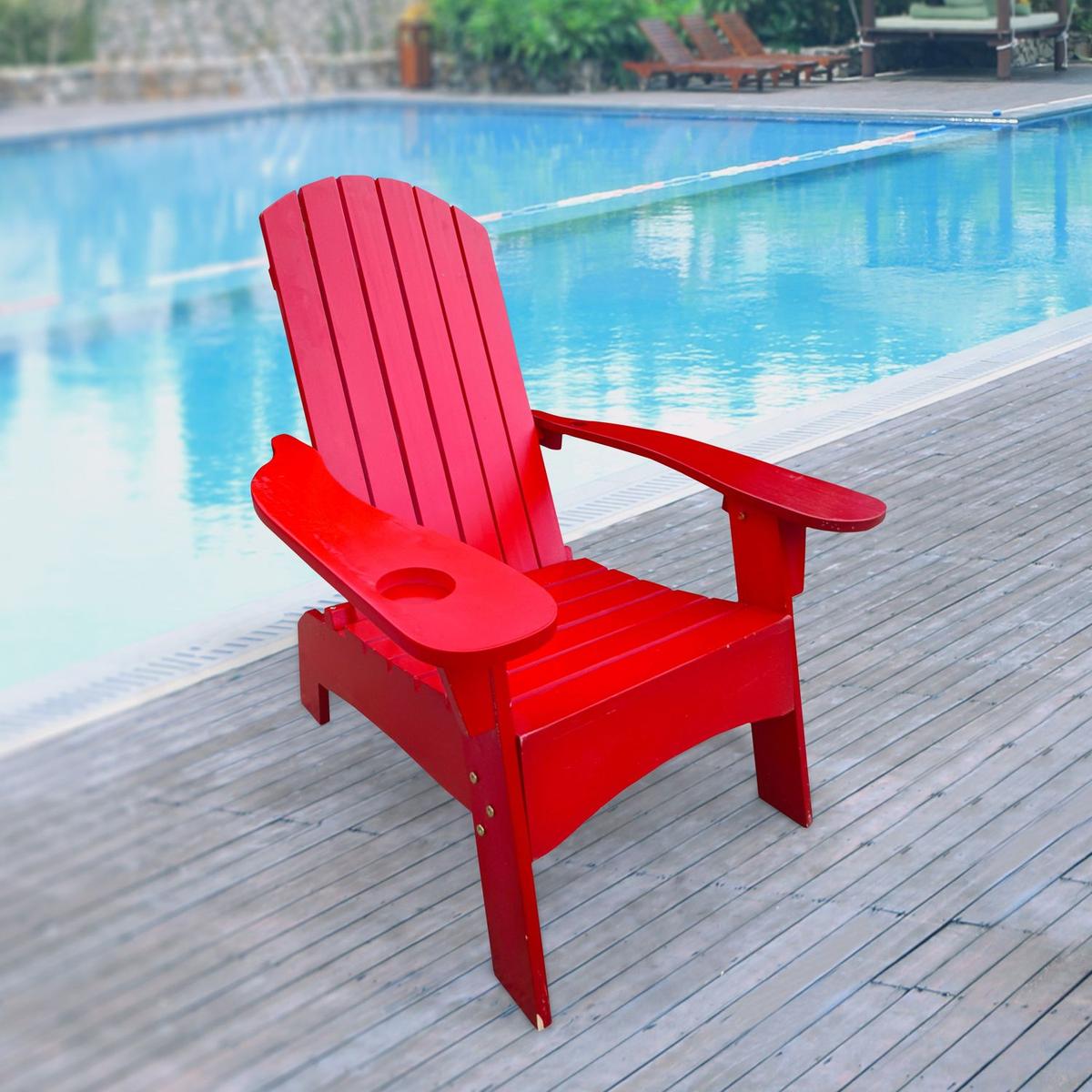 Outdoor or indoor Wood Adirondack chair with an hole to hold umbrella on the arm, red