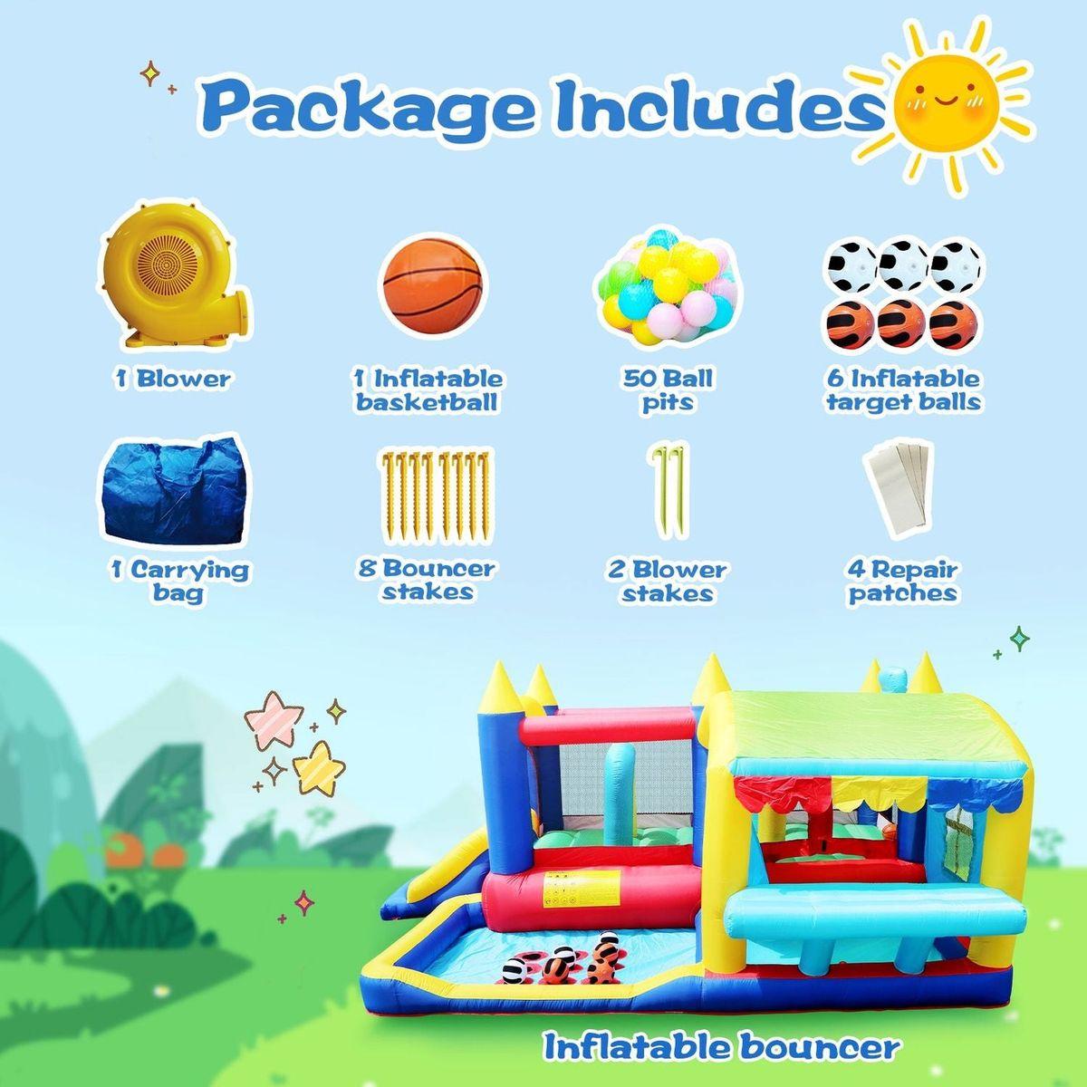 7 in 1 Inflatable Bounce House, Bouncy House with Ball Pit for Kids Indoor Outdoor Party Family Fun, Obstacles, Toddler Jump Bouncy Castle with Ball Pit for Birthday Party Gifts - Streamdale Furniture