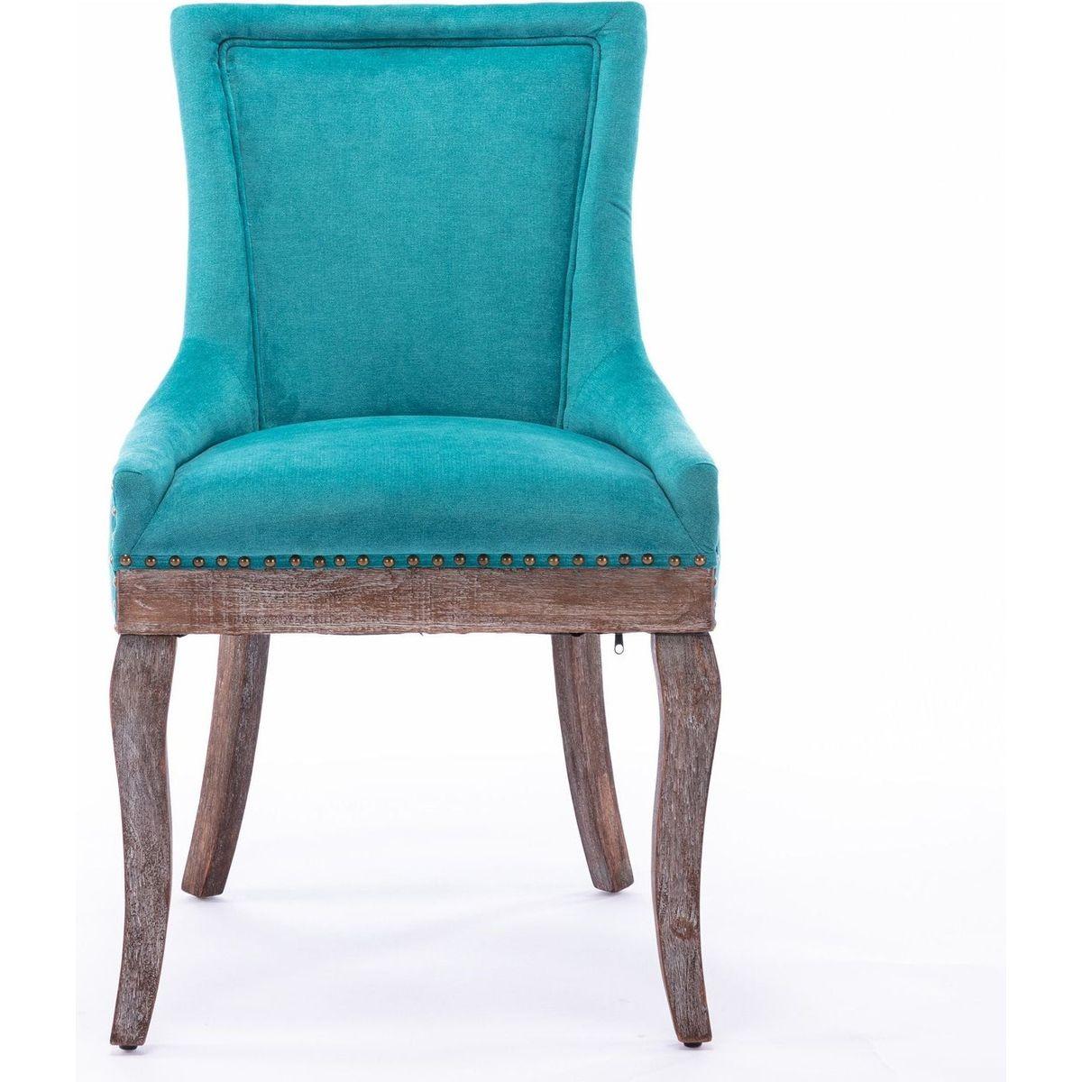 Ultra Side Dining Chair, Thickened fabric chairs with neutrally toned solid wood legs, Bronze nail head, Set of 2, Blue