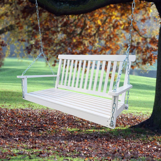 Front Porch Swing with Armrests, Wood Bench Swing with Hanging Chains,for Outdoor Patio, Garden Yard, porch, backyard, or sunroom,Easy to Assemble,white