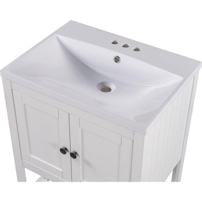 24" White Modern Sleek Bathroom Vanity Elegant Ceramic Sink with Solid Wood Frame Open Style Shelf