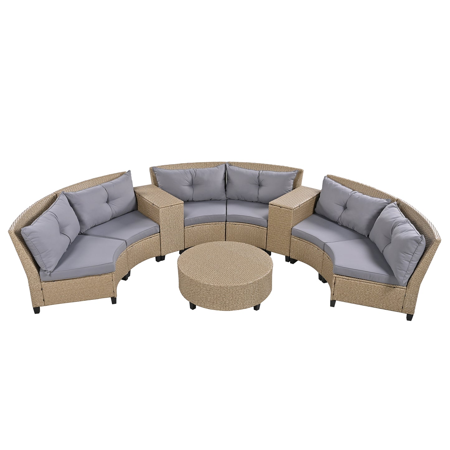 6 - Person Fan-shaped Rattan Suit Combination with Cushions and Table, Suitable for Garden