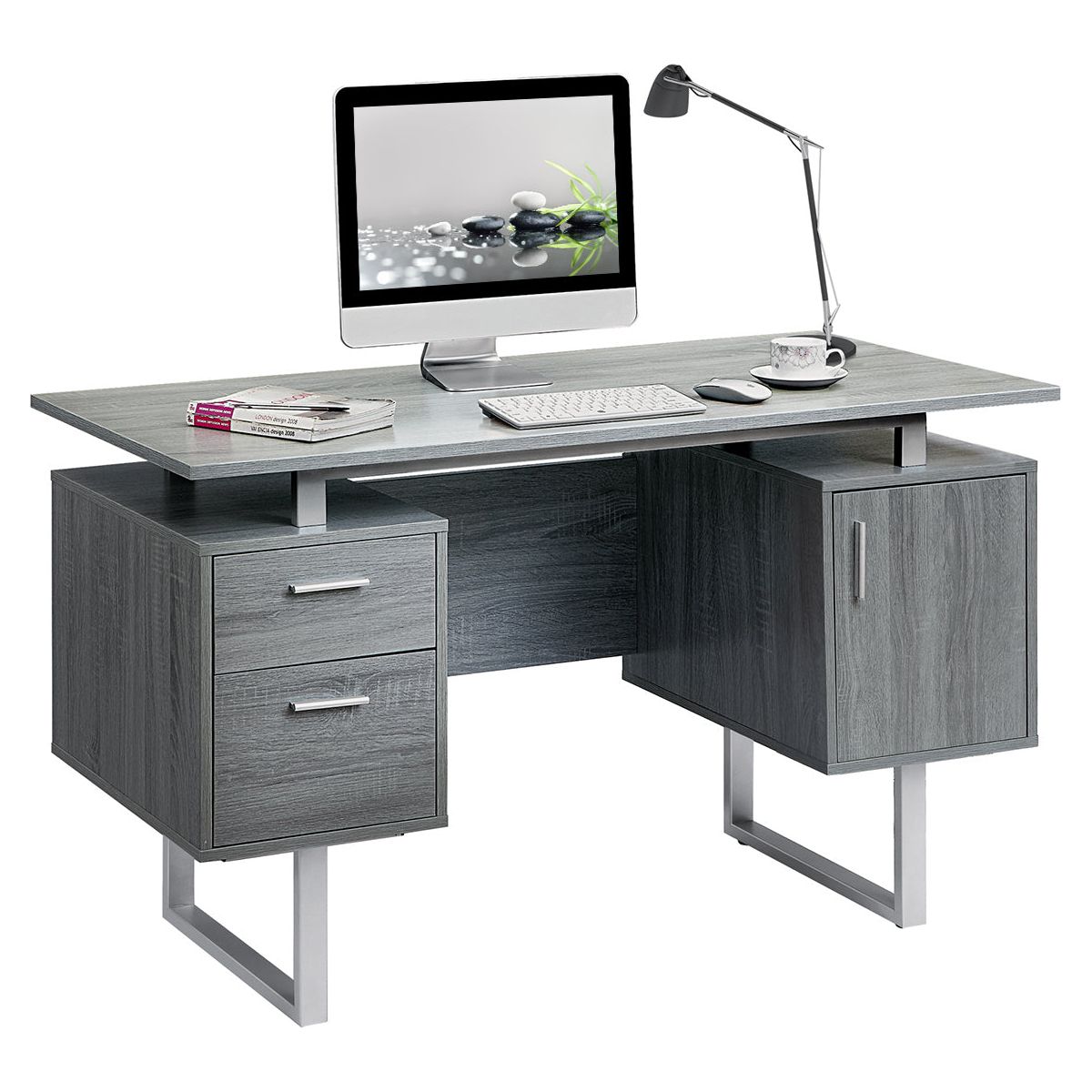 Modern Office Desk with Storage, Grey