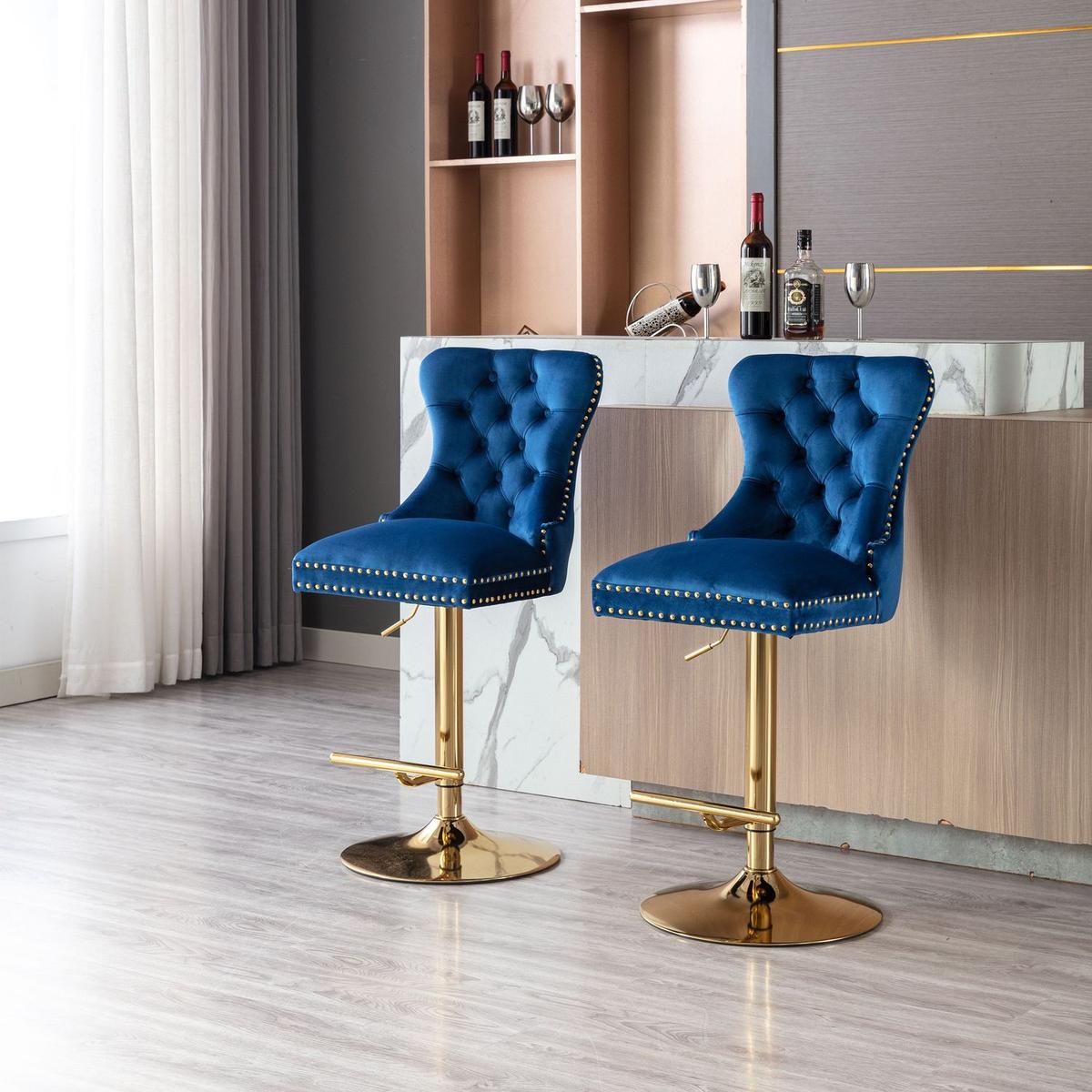 Swivel Bar Stools Chair Set of 2 Modern Adjustable Counter Height Bar Stools, Velvet Upholstered Stool with Tufted High Back & Ring Pull for Kitchen, Chrome Golden Base, Blue