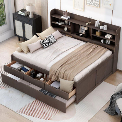 Full Size Wooden Captain Bed with Built-in Bookshelves,Three Storage Drawers and Trundle,Antique Grey - Streamdale Furniture