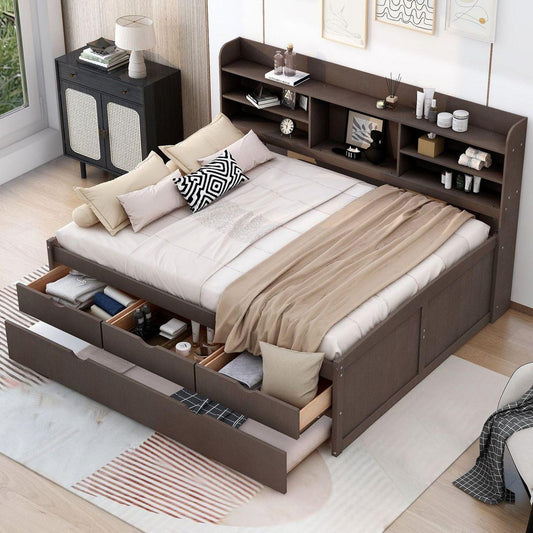 Full Size Wooden Captain Bed with Built-in Bookshelves,Three Storage Drawers and Trundle,Antique Grey - Streamdale Furniture