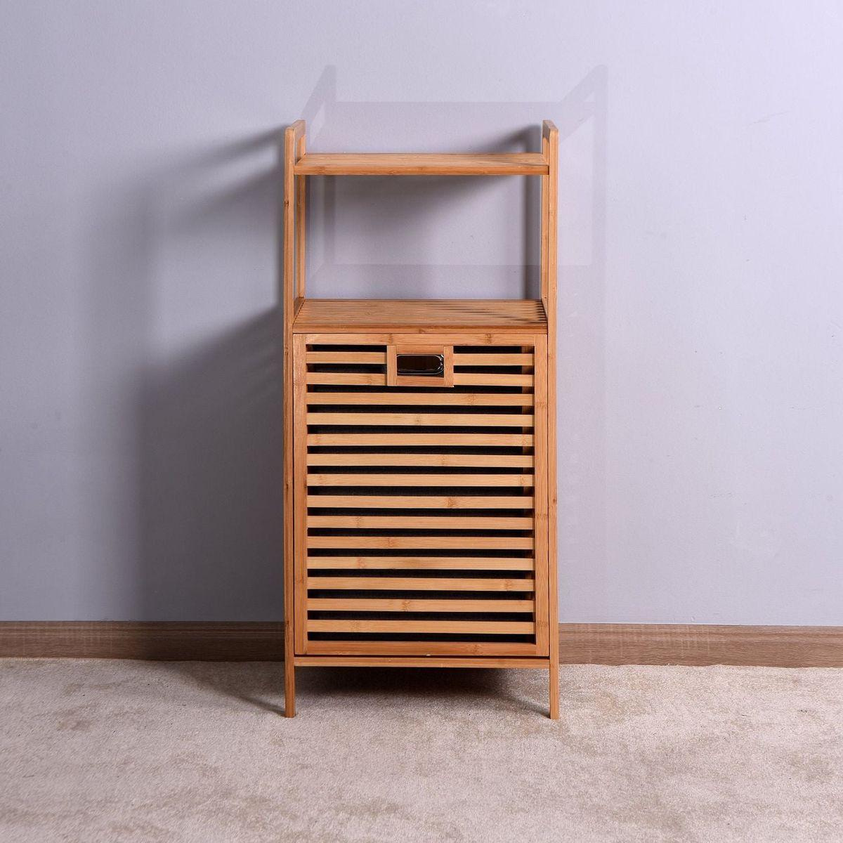 Bathroom Laundry Basket Bamboo Storage Basket with 2-tier Shelf 17.32 x 13 x 37.8 inch - Streamdale Furniture