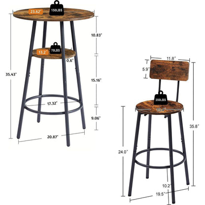 Round bar stool set with shelves, stool with backrest Rustic Brown, 23.6" Dia x 35.4" H - Streamdale Furniture
