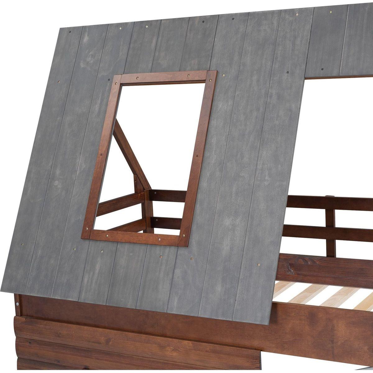 Wood Twin Size House Bunk Bed with Roof, Ladder and 2 Windows, Oak & Smoky Grey