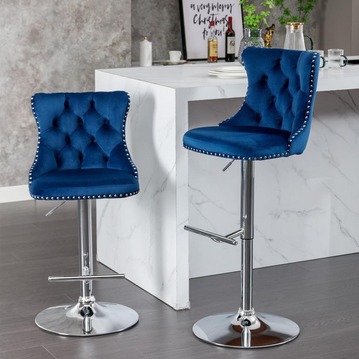 Swivel Velvet Barstools Adjusatble Seat Height from 25-33 Inch, Modern Upholstered Chrome base Bar Stools with Backs Comfortable Tufted for Home Pub and Kitchen Islandlue, Set of 2) - Streamdale Furniture