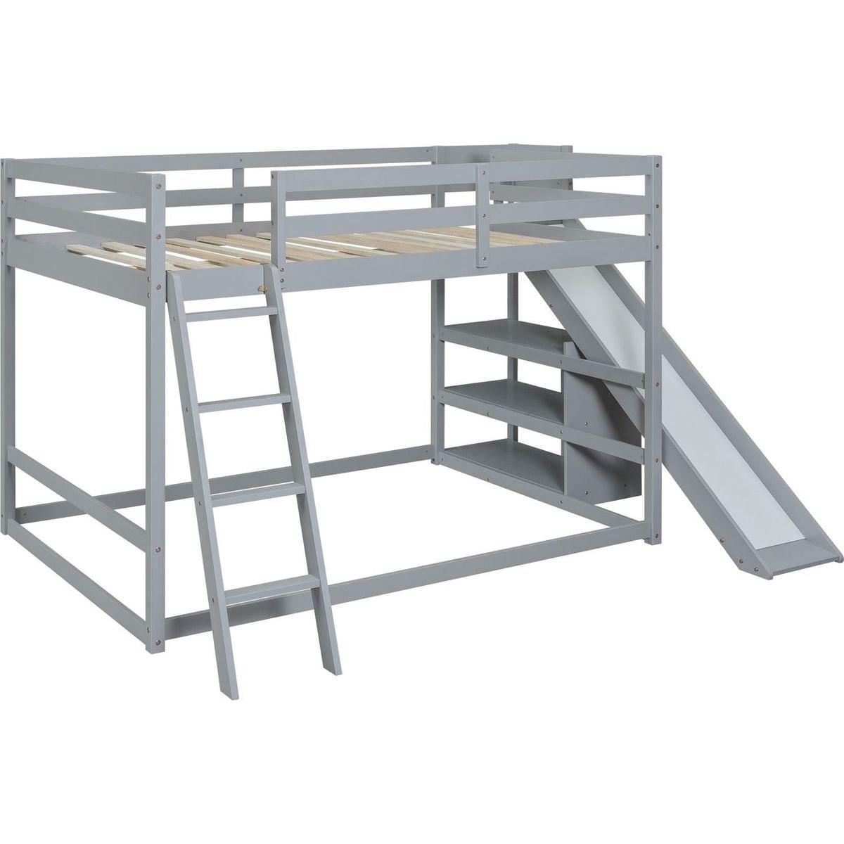 Full over Full Bunk Bed with Ladder, Slide and Shelves, Gray