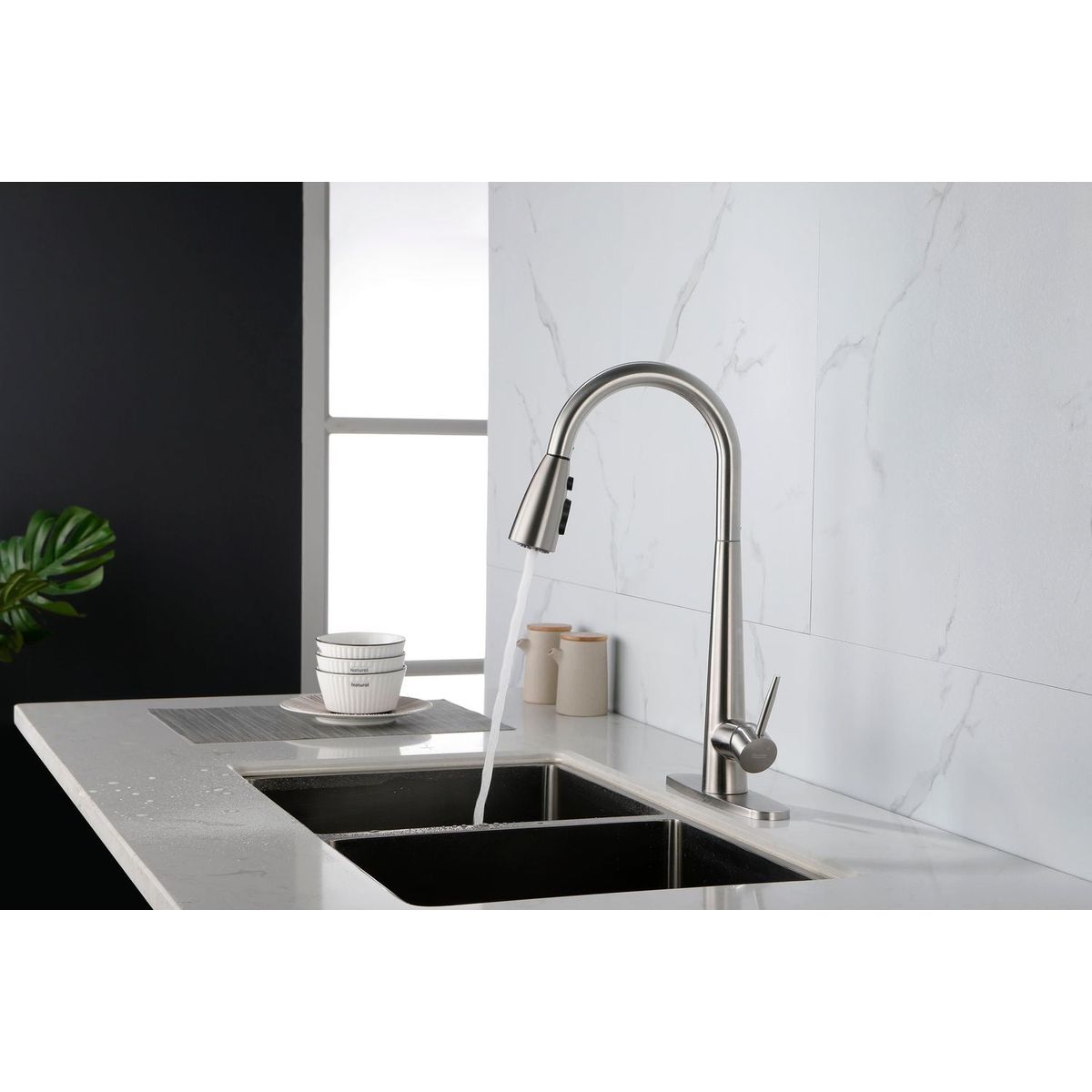 Kitchen Faucet with Pull Down Sprayer Brushed Nickel, High Arc Single Handle Kitchen Sink Faucet with Deck Plate, Commercial Modern Stainless Steel Kitchen Faucets