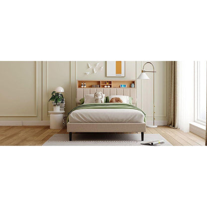 Full size Upholstered Platform Bed with Storage Headboard and USB Port, Linen Fabric Upholstered Bed (Beige)