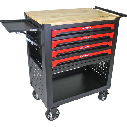 4 DRAWERS MULTIFUNCTIONAL TOOL CART WITH TOOL SET AND WOODEN TOP