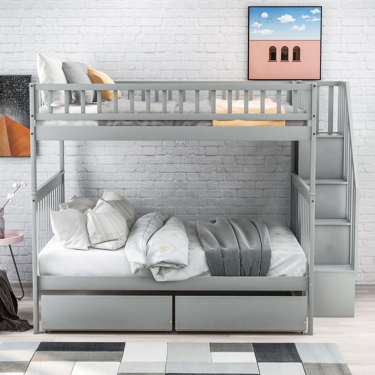 Full over Full Bunk Bed with Two Drawers and Storage, Gray