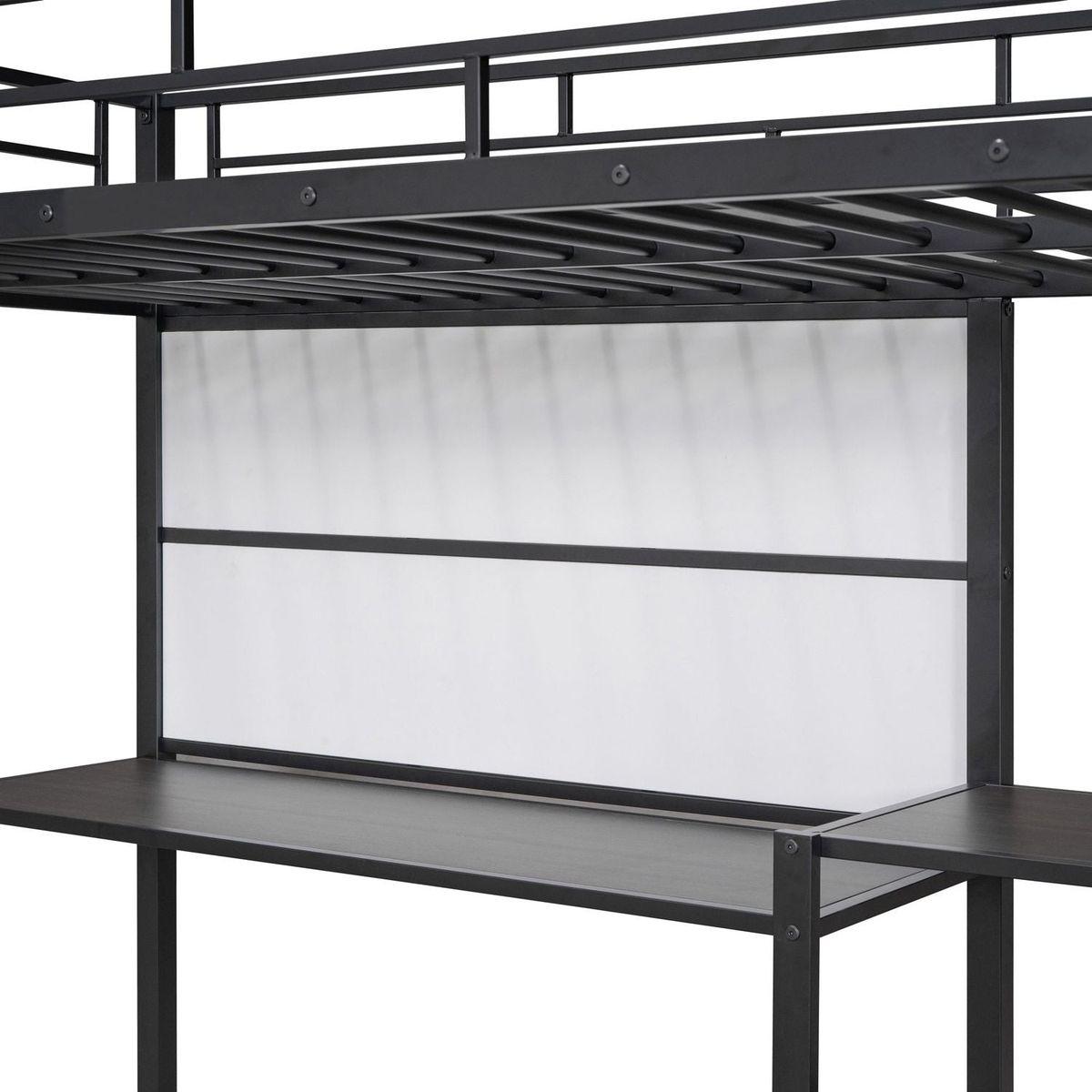 Twin Size Loft Bed with Desk and Whiteboard, Mental Loft Bed with 3 Shelves and Ladder, Black