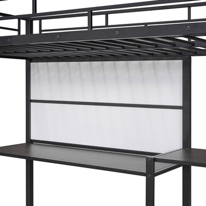 Twin Size Loft Bed with Desk and Whiteboard, Mental Loft Bed with 3 Shelves and Ladder, Black