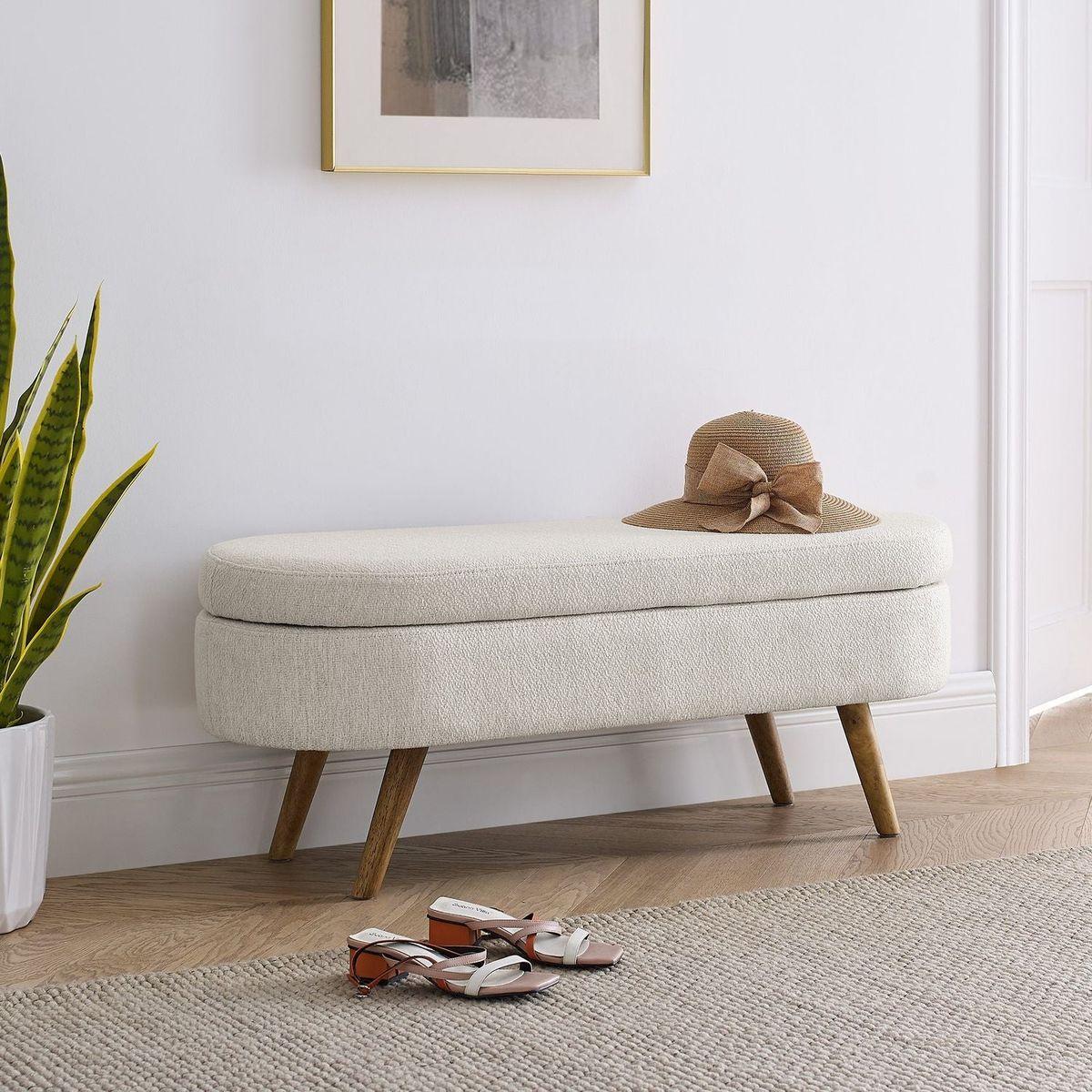 Ottoman Oval Storage Bench, Rubber Wood Legs, Beige 3.5"16"16"