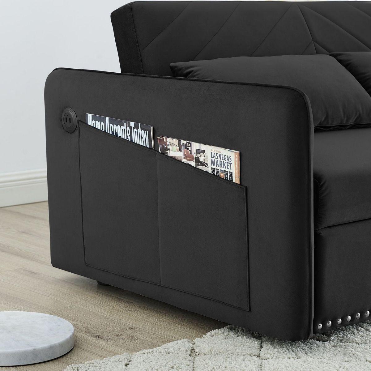 Pull-out sofa sleeper, 3-in-1 adjustable sleeper with pull-out bed, 2 lumbar pillows and side pocket, soft velvet convertible sleeper sofa bed, suitable for living room bedroom.