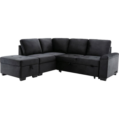 Sleeper Sectional Sofa, L-Shape Corner Couch Sofa-Bed with Storage Ottoman & Hidden Arm Storage & USB Charge for Living Room Apartment, Black