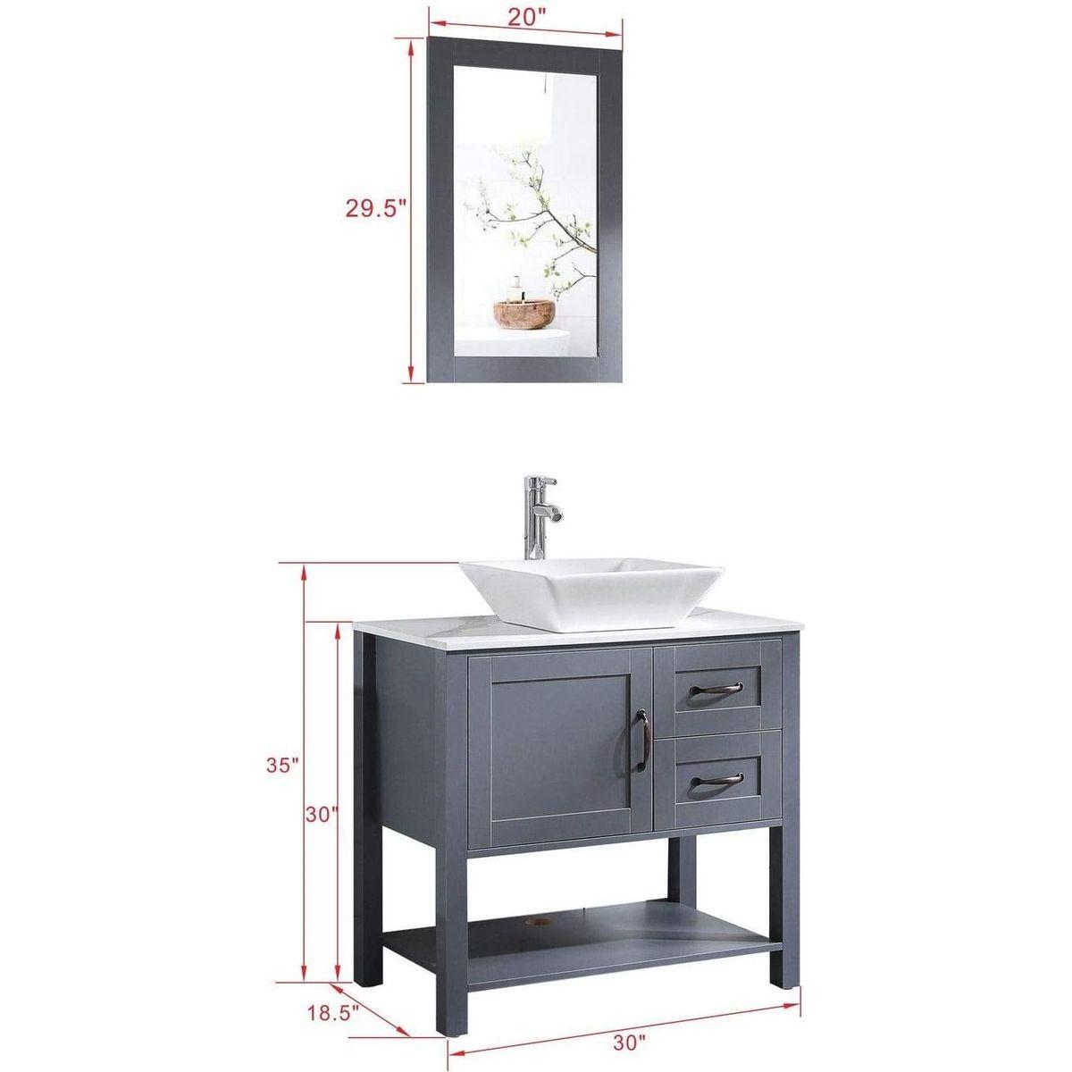 30" Gray Bathroom Vanity and Sink Combo Marble Pattern Top w/Mirror Faucet&Drain