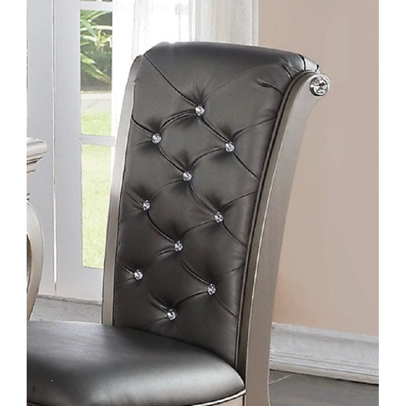 Luxury Antique Silver Wooden Set of 2 Dining Side Chairs Grey Faux Leather / PU Tufted Upholstered Cushion Chairs