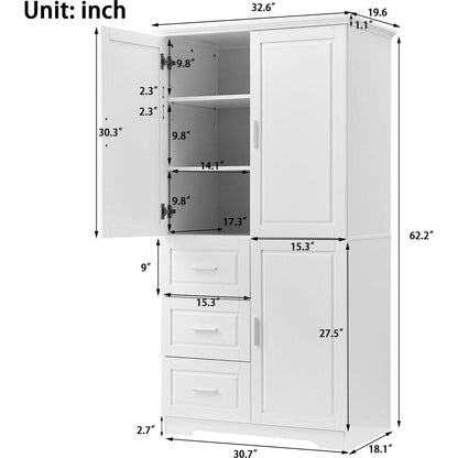 Tall and Wide Storage Cabinet with Doors for Bathroom/Office, Three Drawers, White