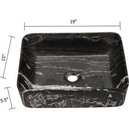 19"x15" Black and Gray Marble Pattern Ceramic Rectangular Vessel Bathroom Sink