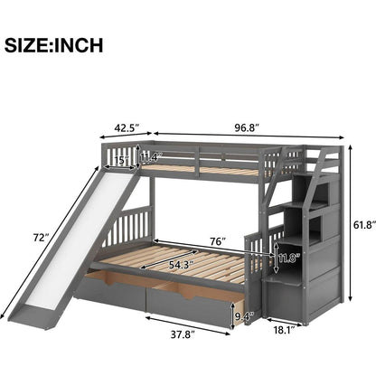 Twin over Full Bunk Bed with Drawers, Storage and Slide, Multifunction, Gray