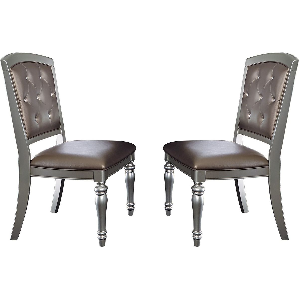 Glamorous 2pc Set Wooden Side Chairs Silver Finish Crystal Button Tufted Faux Leather Upholstered Dining Chairs