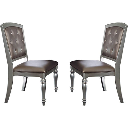 Glamorous 2pc Set Wooden Side Chairs Silver Finish Crystal Button Tufted Faux Leather Upholstered Dining Chairs