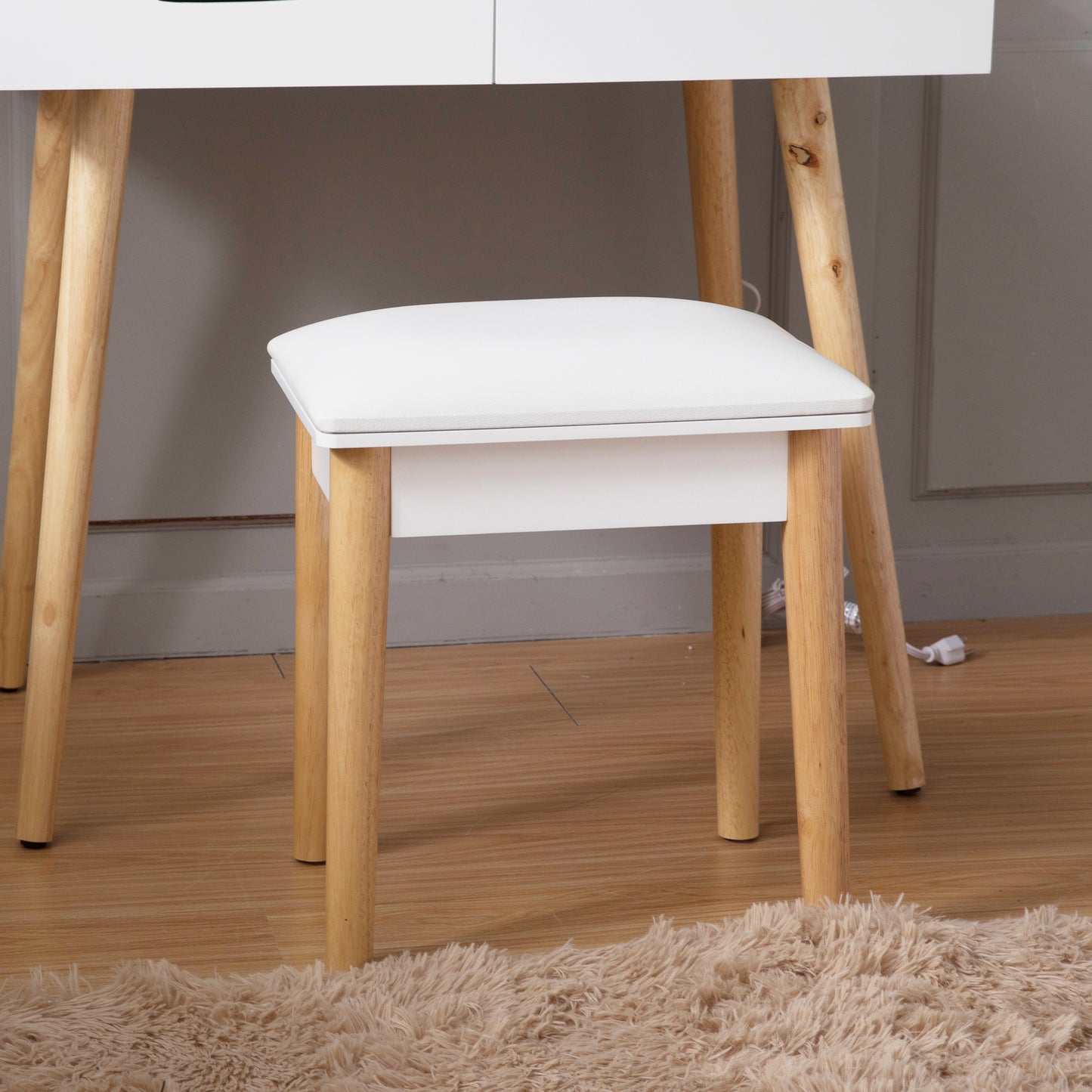 Wooden Vanity Stool Makeup Dressing Stool with PU Seat, White