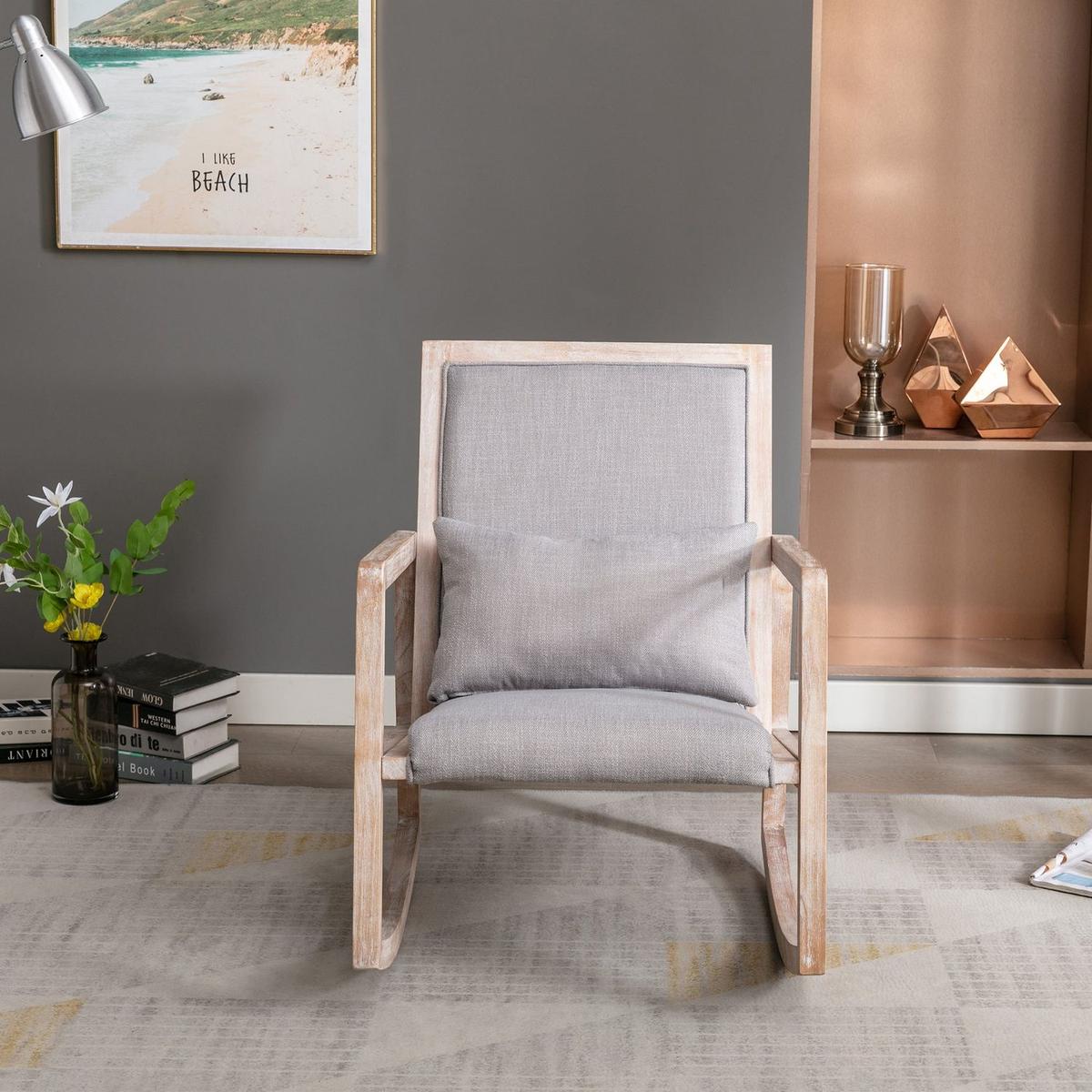 Solid wood linen fabric antique white wash painting rocking chair with removable lumbar pillow