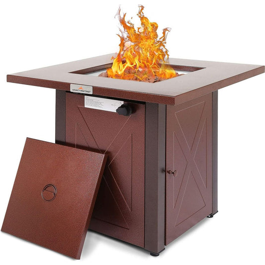 28" 50000 BTU Outdoor Propane Gas Fire Pits Table, Square Brown Texture Outdside Patio Firepits Fireplace Dining Coffee Tables with Lid & Lava Rock, ETL-Certified, Fit for Courtyard, Patio, Balcony