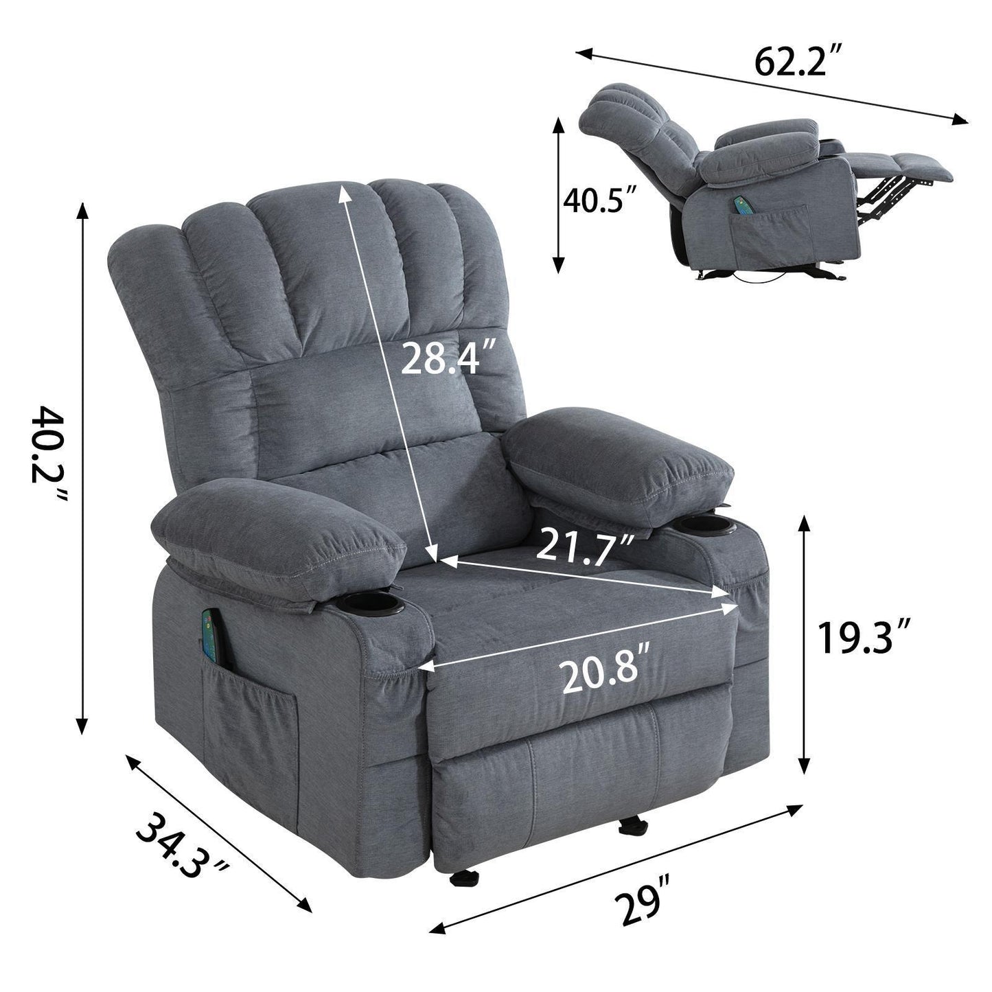 Recliner Chair Massage Heating sofa with USB and side pocket, 2 Cup Holders (Blue)