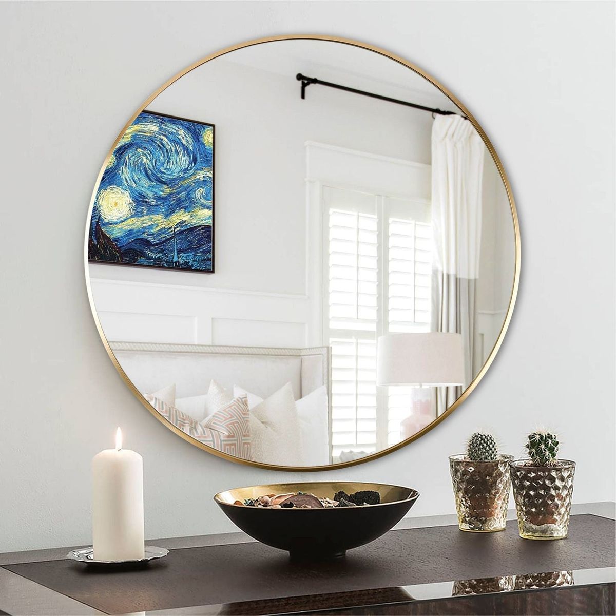 Circle Mirror 24 Inch, Gold Round Wall Mirror Suitable for Bedroom, Living Room, Bathroom, Entryway Wall Decor and More, Brushed Aluminum Frame Large Circle Mirrors for Wall