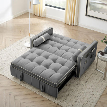 Modern 55.5" Pull Out Sleep Sofa Bed 2 Seater Loveseats Sofa Couch with side pockets, Adjustable Backrest and Lumbar Pillows for Apartment Office Living Room