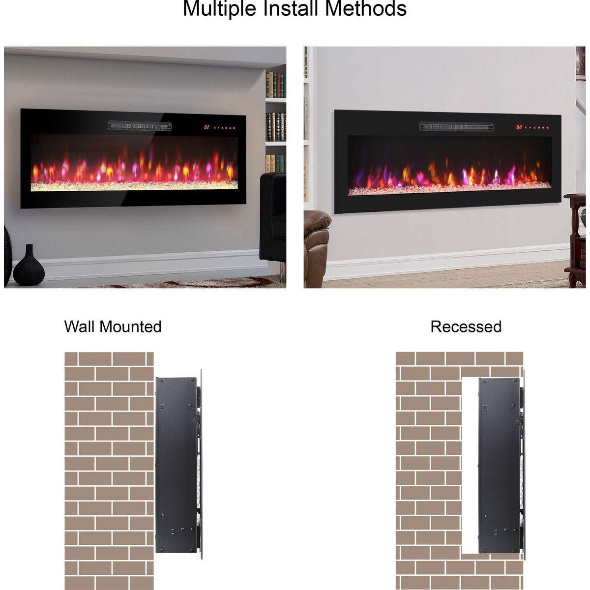 50 inch recessed ultra thin tempered glass front wall mounted electric fireplace with remote and multi color flame & emberbed, LED light heater