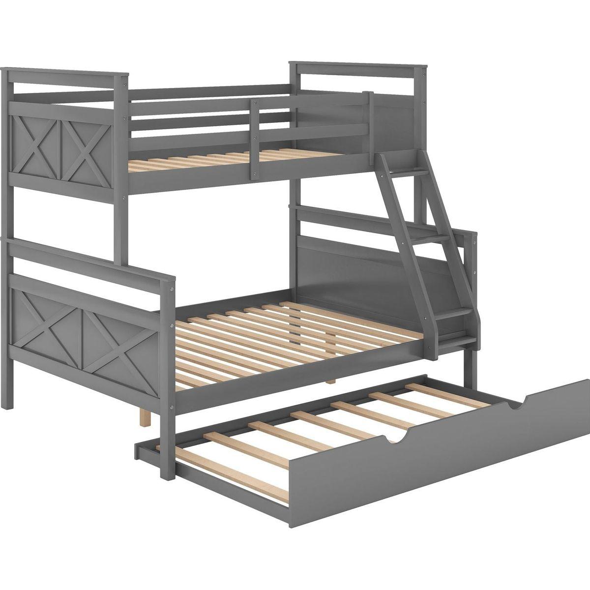 Twin over Full Bunk Bed with Ladder, Twin Size Trundle, Safety Guardrail, Gray