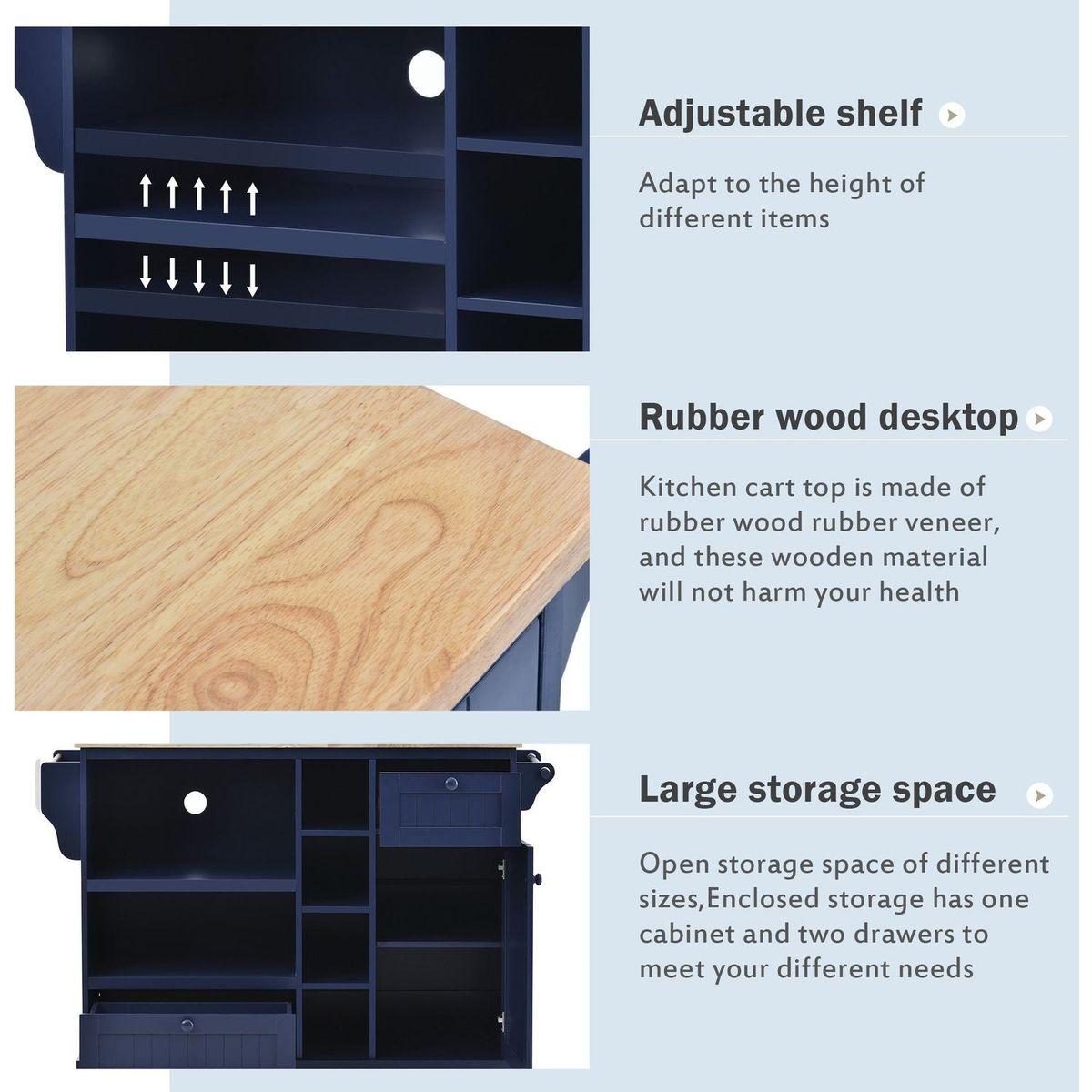 Kitchen Island Cart with Storage Cabinet and Two Locking Wheels,Solid wood desktop,Microwave cabinet,Floor Standing Buffet Server Sideboard for Kitchen Room,Dining Room,, Bathroom(Dark blue)